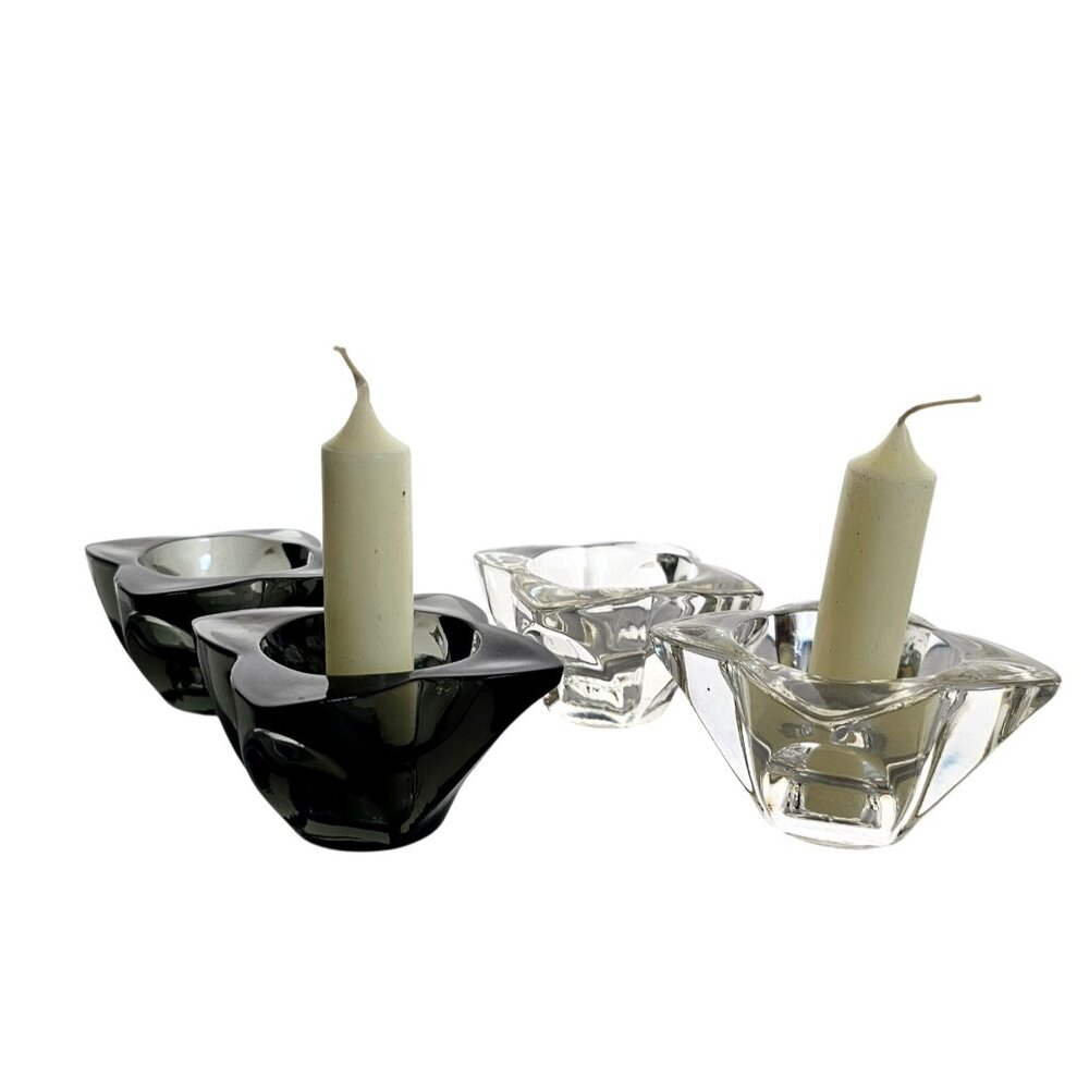 Vtg 1990s Federal Glass Taper Or Votive Candle Holders Set Of 4 Grey Clear Glass